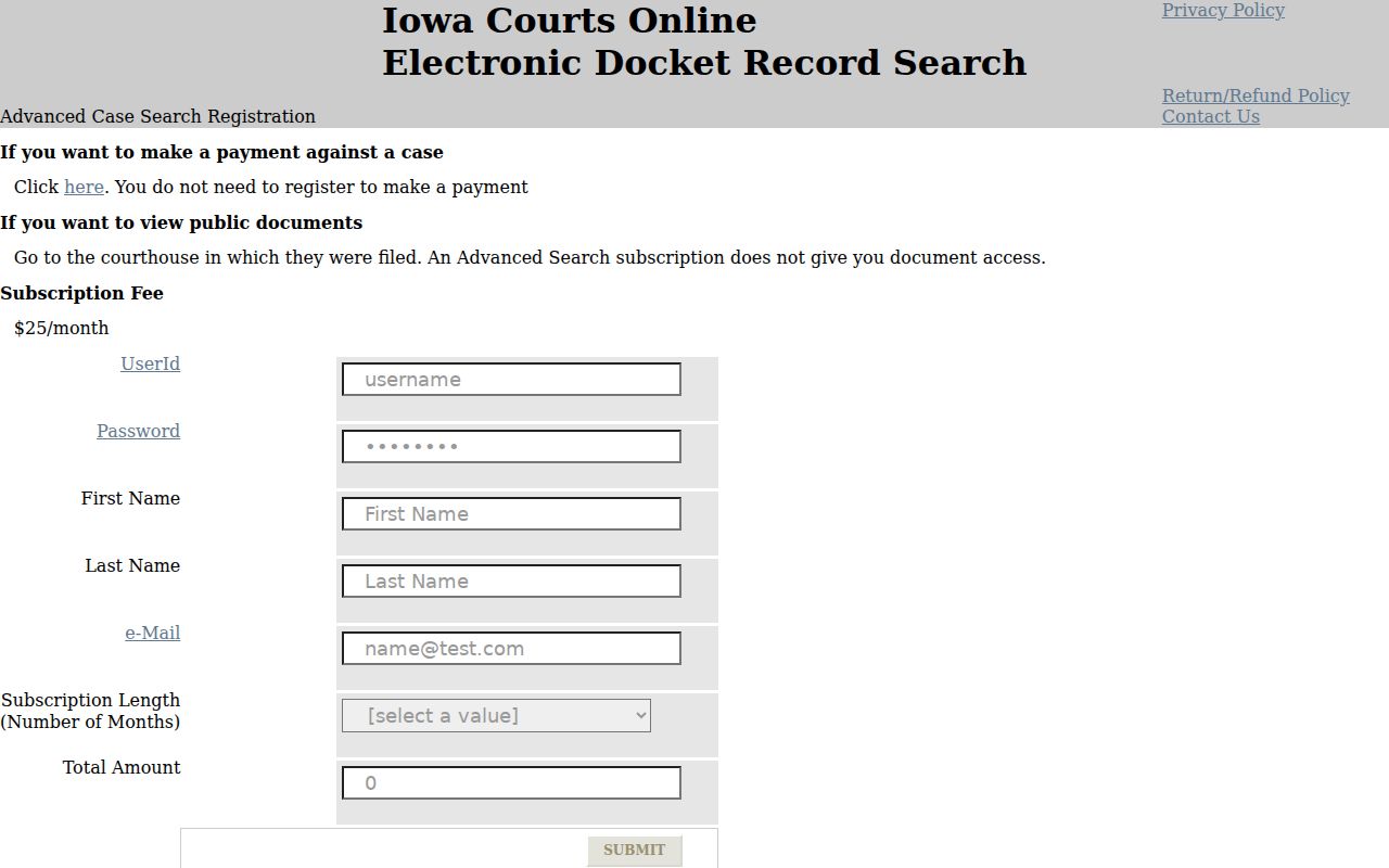 Iowa Courts Online advanced docket subscription registration