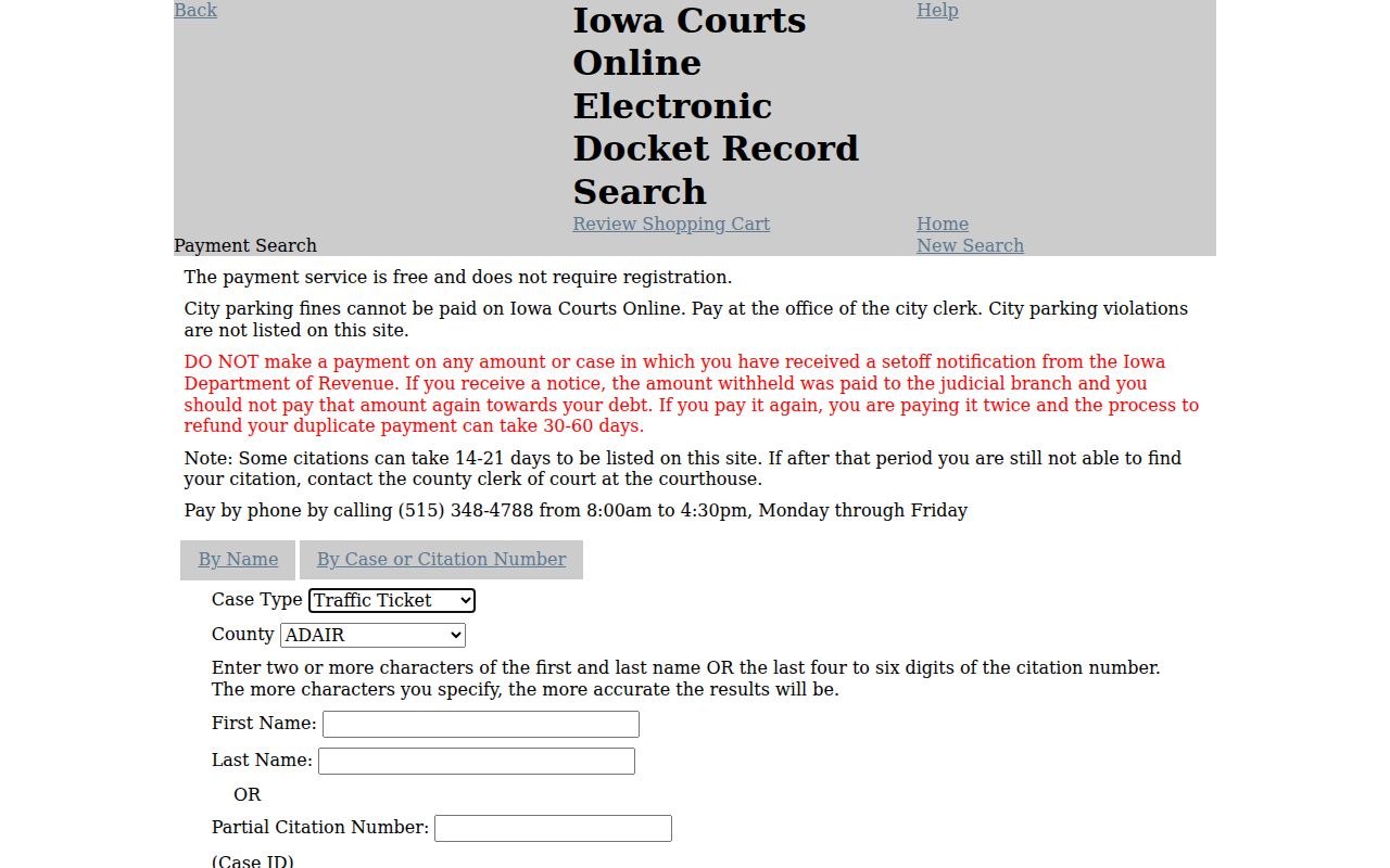 Iowa court search fields for a name, case ID, or citation